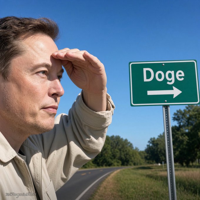 A man looking into the distance next to a green road sign that reads 'Doge' with an arrow pointing right.