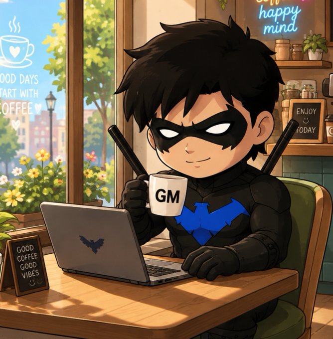 A cartoon illustration of a chibi Batman wearing a blue bat-symbol, working on a laptop with a matching bat-logo and drinking from a mug that says 'GM' in a cafe setting.