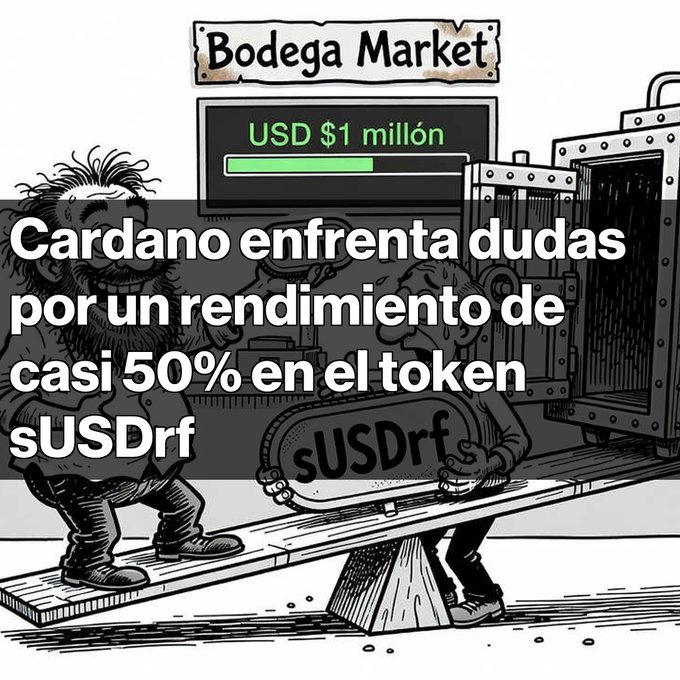 An illustrated graphic titled 'Bodega Market' with the Spanish caption 'Cardano enfrenta dudas por un rendimiento de casi 50% en el token sUSDrf', showing two characters and a sUSDrf token.