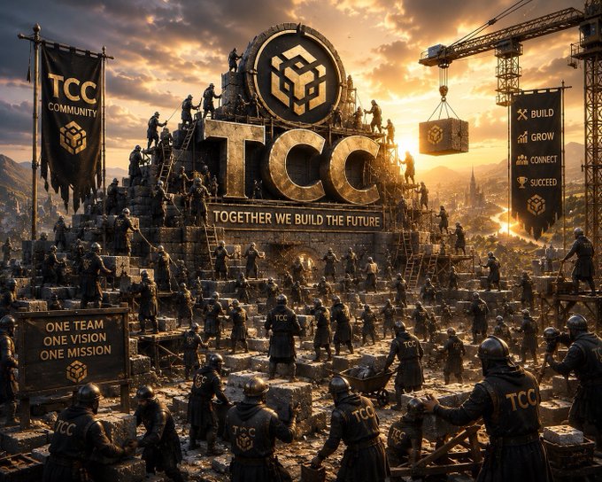 A dramatic, cinematic illustration shows workers in 'TCC' branded armor constructing a massive monument emblazoned with 'TCC COMMUNITY' and the tagline 'TOGETHER WE BUILD THE FUTURE', with banners reading 'BUILD GROW CONNECT SUCCEED' and 'ONE TEAM ONE VISION ONE MISSION'.