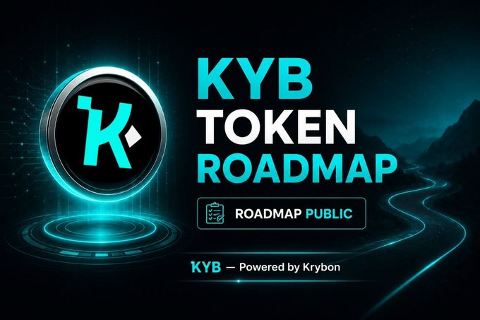 A sleek promotional graphic announces "KYB TOKEN ROADMAP" with a glowing cyan "K" coin emblem, a "ROADMAP PUBLIC" button, and the tagline "KYB — Powered by Krybon," visually reinforcing the announcement that the Krybon Exchange's native token roadmap is now live.