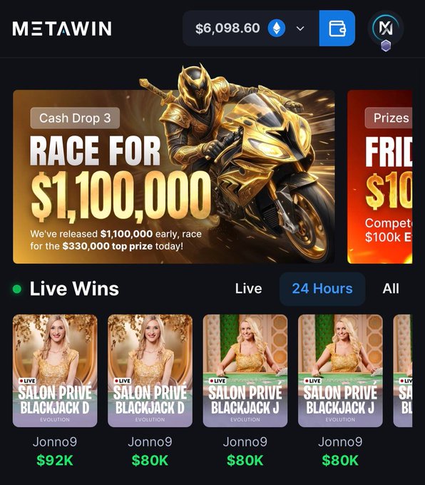 A MetaWin online gambling platform interface displays a $6,098.60 balance, a "Cash Drop 3 - Race for $1,100,000" promotional banner, and recent live wins from player "Jonno09" ranging from $80K-$92K on Salon Prive Blackjack. The image directly illustrates the $1.1M leaderboard promotion mentioned in the post, showcasing both the prize pool and evidence of large payouts the platform offers to wagerers.