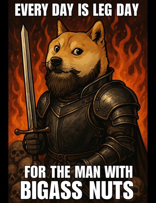 A cartoonish dog, wearing a black and gold suit with a sword, stands against a fiery background, accompanied by the text "Every day is leg day for the man with bigass nuts."