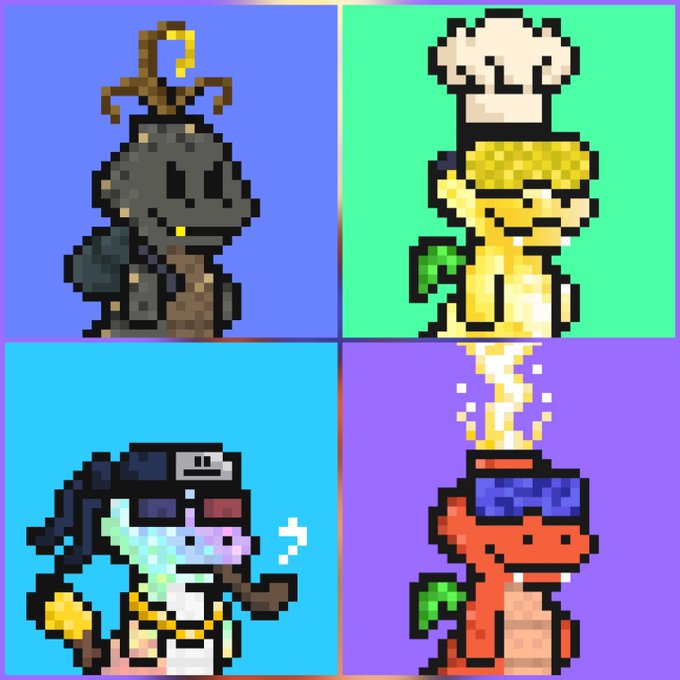 Four pixel-art characters arranged in a 2x2 grid, each displayed against a solid colored background (blue, green, light blue, and purple). The post promotes the CT/crypto NFT collection "cr7sart" on Hedera ($HBAR), highlighting its sold-out mint, active community, and use of HashPack wallet, with the characters presumably representing the collection's NFT avatars.