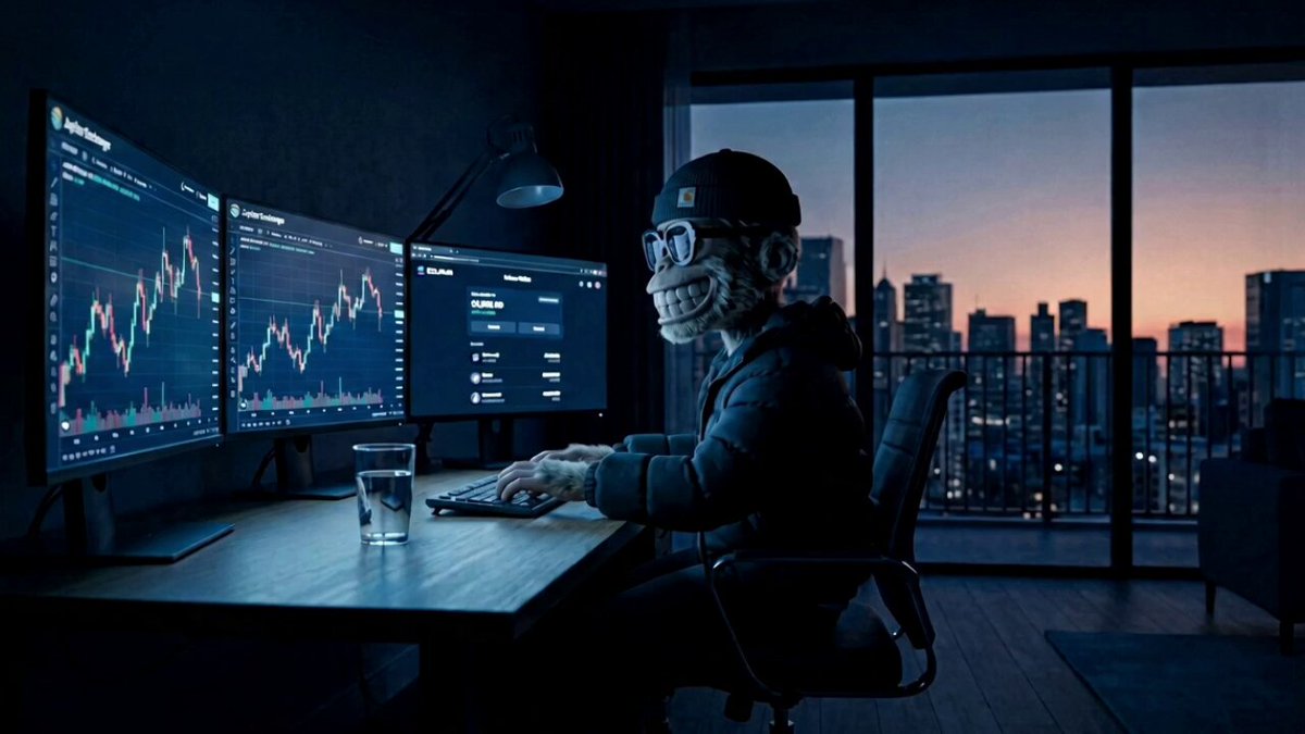 The image shows a person sitting at a desk, wearing a black hat and glasses while working on a computer. The person appears to be a monkey with a serious expression as they type on their keyboard. In front of them, there are three monitors displaying stock market data, indicating that they might be involved in financial analysis or trading. A cup is placed next to the monitor, suggesting that the individual may have been working late into the night. The post also mentions that the event will take place in Berlin and that it's a pre-Friday Don't forget to book your trip to the Solana Summit Germany See you in berlin in 9 days".