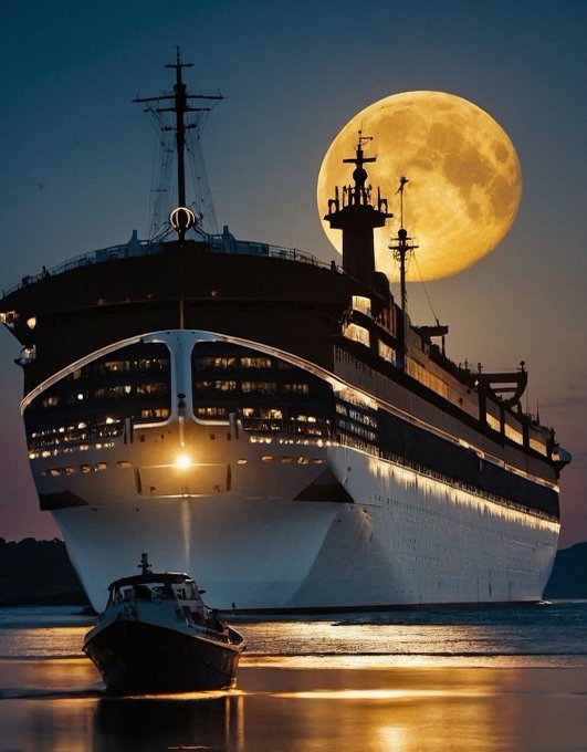A massive illuminated cruise ship glides through calm waters under a glowing full moon, accompanied by a small tugboat in the foreground. The image visually reinforces the "ETHRA Ship" branding from the post, depicting the ocean liner as a powerful vessel navigating the night—symbolizing the project's dual pathways for users to board and earn rewards within its crypto ecosystem.