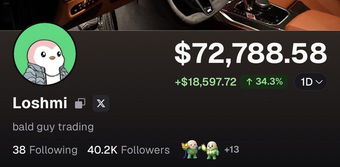 A Robinhood portfolio screenshot for user 'Loshmi' showing a portfolio value of $72,788.58, up $18,597.72 (34.3%) over 1 day, with bio 'bald guy trading' and 40.2K followers.