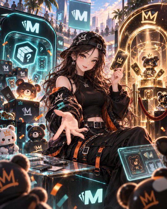 A digital anime-style illustration depicts a stylish young woman surrounded by 'M'-branded merchandise including teddy bears, mystery boxes, and a glowing display case with a crown logo.