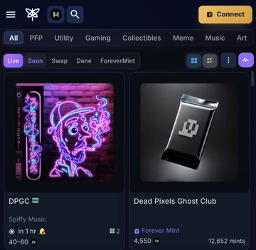 Screenshot of a digital collectibles/NFT marketplace showing categories like All, PFP, Utility, Gaming, Collectibles, Meme, Music, Art. Featured items include "DPGC - Spiffy Music" and "Dead Pixels Ghost Club" Forever Mint.