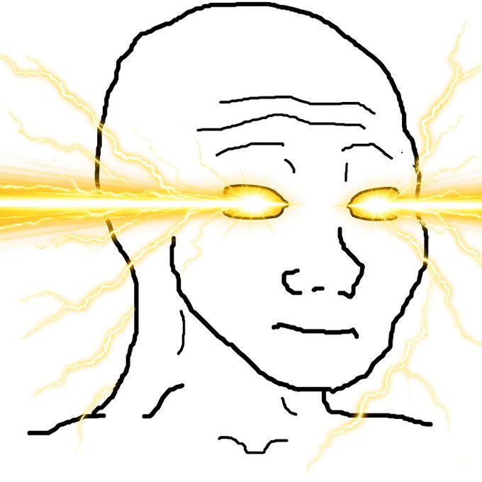 A minimalist line drawing of a stoic bald figure with glowing, laser-beam eyes emitting bright yellow electrical energy in all directions, visually amplifying the "BEAR MARKET HAS ENDED" message by depicting a market figure unleashing bullish, powerful energy.