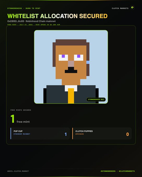 A digital interface from 'CLUTCH MARKETS' showing a 'WHITELIST ALLOCATION SECURED' message, a free mint for a 'STONKBROKER #61' pixel art NFT, with 'PUP CUP' winning against 'CLUTCH PUPPIES' 1-0.