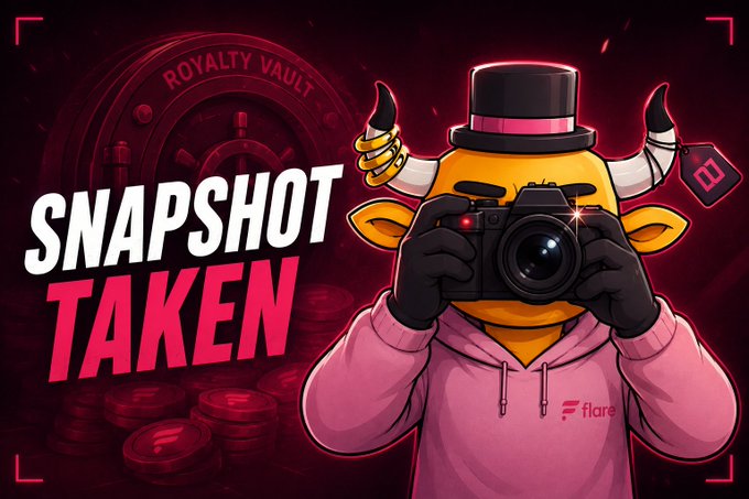 The image features a cartoon character dressed in a pink hoodie, holding a camera up to take a picture of himself against a dark background with a large "Snapshot Taken" banner at the top. The caption below the image reads "If you'r a holder of any DYNMX powered collection, you may want to check out the recent announcement in our Discord channel!".