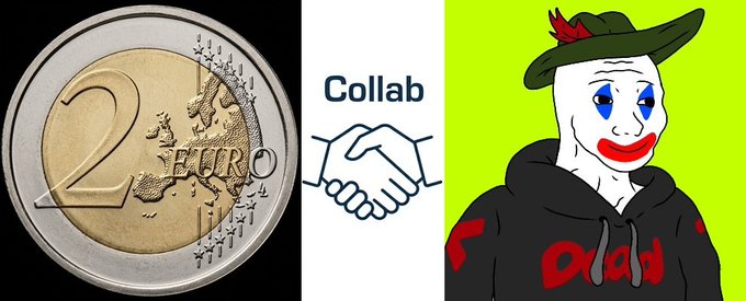 Three-panel image showing a 2 Euro coin, a 'Collab' handshake icon, and a clown character wearing a green hat and a black 'clwn' hoodie against a green background.