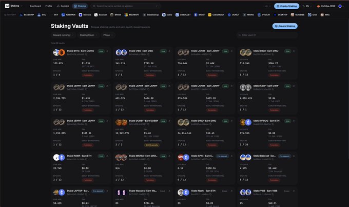 The image displays the Staking Vaults page on launch.o1.exchange, featuring a grid of vault cards with various cryptocurrency pairs including Stake(BTC), Stake(VTC), Stake(JORRY), Stake(DINO), Stake(CRYP), Stake(MOBI), Stake(UPOG), Stake(KAWA), Stake(SPELL), Stake(Sakefi), and Stake(LKP), showing impressive APY percentages such as 135.82%, 342.14%, and 34,214% to highlight the high-yield staking opportunities mentioned in the post.