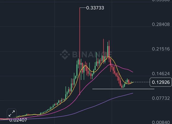 A Binance cryptocurrency candlestick chart showing a price that peaked at $0.33733, declined to approximately $0.12926, with moving averages displayed as colored trend lines.