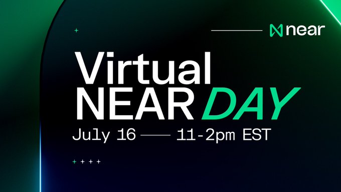 A promotional graphic for "Virtual NEAR Day" on July 16 from 11-2pm EST, featuring the NEAR logo on a dark green background, advertising the virtual event where the speaker will participate in a panel with Ledger, zmanian, and getfailsafe on guardrails for agentic commerce.