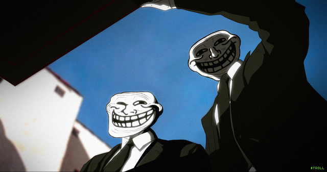 The image features two men wearing suits, both with fake smiles painted on their faces. They appear to be cartoon-like characters rather than real people. The background of the image shows a building or a house, suggesting that they are indoors. The caption at the bottom of the image reads "This is only the start of $TROLL undoubtably the hardest working team we are in good hands boys & welcome to all the new trolls!".