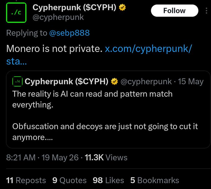 The image shows a screenshot of a Twitter account with a post about a company named "cypherpunk" and an email address, which reads "@cypherpunk". The post was made by a user named "cypher punk" on May 26th at 11:33 am. The post includes a link to the company's website, which is not available in the image.