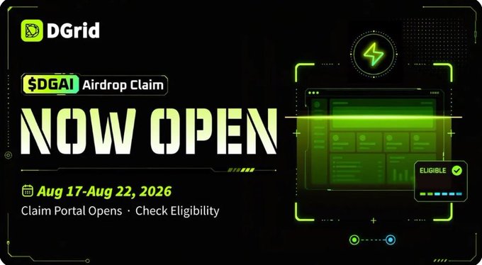The image is a promotional banner for the **DGrid ($DGAI) Airdrop Claim**, announcing that the claim portal is "NOW OPEN" from **Aug 17–Aug 22, 2026**, with instructions to check eligibility at dgrid.ai/airdrop. It complements the post by visually emphasizing the urgency of checking the airdrop query link and exploring the $DGAI token's economic model before the window closes.