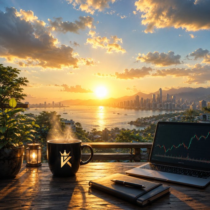 A scenic sunset view over a coastal city with a steaming coffee mug, an open laptop displaying a stock chart, and a leather notebook on a wooden table.