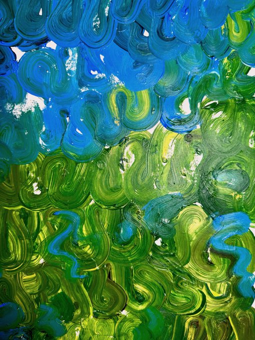 An abstract painting featuring swirling, textured brushstrokes in shades of blue, green, and yellow, possibly resembling water and foliage.