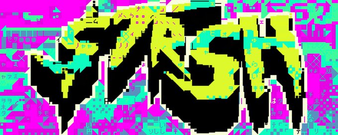 A highly distorted, glitched image featuring bright neon colors (yellow, cyan, magenta) with Japanese text fragments and black silhouettes, creating a chaotic digital aesthetic.