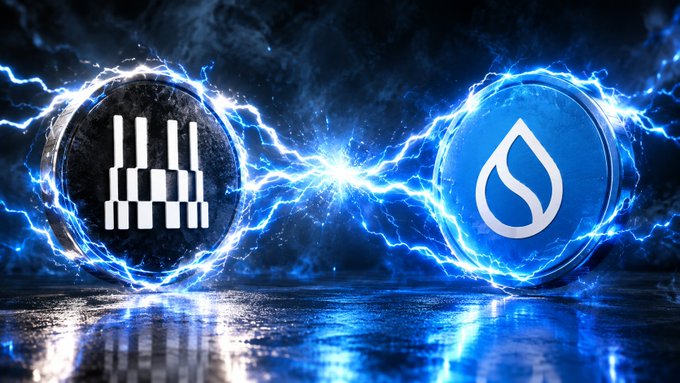 A dramatic digital artwork shows two glowing blue coins—one with a bar chart icon and one with a water drop icon—facing each other amid electric blue energy.