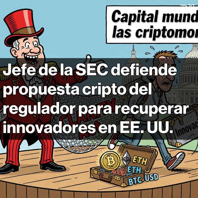 A cartoon illustration depicting an Uncle Sam figure standing next to a panicked young man fleeing with a suitcase labeled 'Innovation,' with Spanish text reading 'Jefe de la SEC defiende propuesta cripto del regulador para recuperar innovadores en EE. UU.' and a chest of cryptocurrency coins including BTC, ETH, and USD.