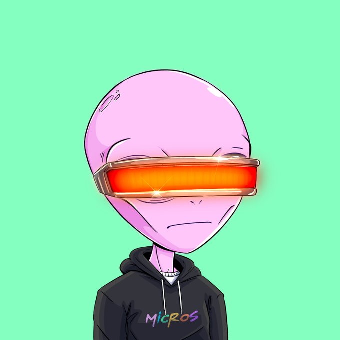 A digital illustration features a purple alien-like character wearing orange-red visor glasses and a black hoodie with "Micros" printed on it, set against a mint green background.