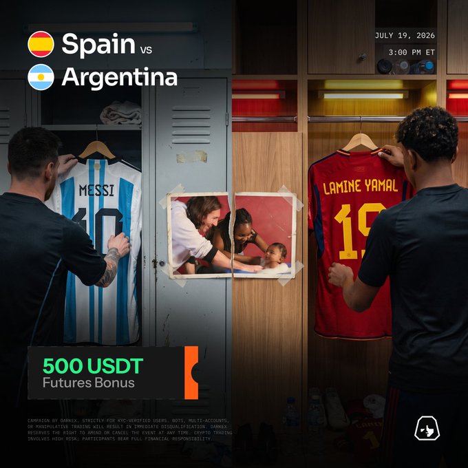 A promotional graphic for "Darkex" advertises a 500 USDT Futures Bonus prediction contest for the Spain vs. Argentina match on July 19, 2026 at 3:00 PM ET, featuring two players hanging jerseys for Messi (#10, Argentina) and Lamine Yamal (#19, Spain) alongside a childhood photo of the two stars, directly illustrating the post's World Cup final prediction challenge.
