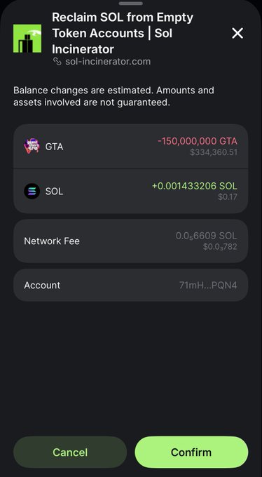 A mobile screenshot of a transaction confirmation on sol-incinerator.com to reclaim SOL, showing -150,000,000 GTA ($334,360.51) exchanged for +0.001433206 SOL ($0.17) with a 0.00006609 SOL network fee.