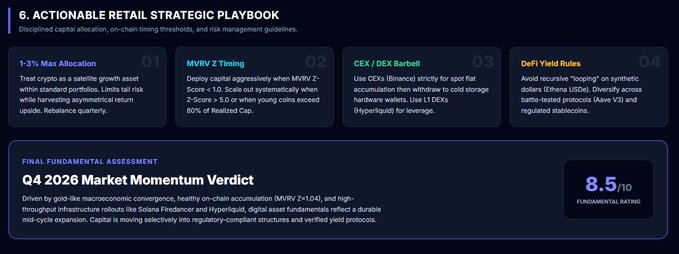 A dark-themed financial dashboard titled '6. ACTIONABLE RETAIL STRATEGIC PLAYBOOK' displaying four crypto strategies (1-3% Max Allocation, MVRV Z Timing, CEX/DEX Barbell, DeFi Yield Rules) and a Q4 2026 Market Momentum Verdict with a Fundamental Rating of 8.5/10.