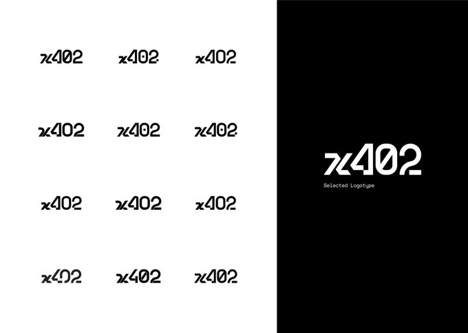 A graphic design layout presenting multiple variations of the 'x402' logotype on a white background, alongside the selected logo in white on a black background on the right.