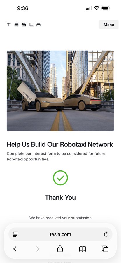 A mobile screenshot of tesla.com showing a confirmation page with 'Help Us Build Our Robotaxi Network' and 'Thank You - We have received your submission' message beneath an image of two gold Tesla Robotaxi vehicles with butterfly doors open.