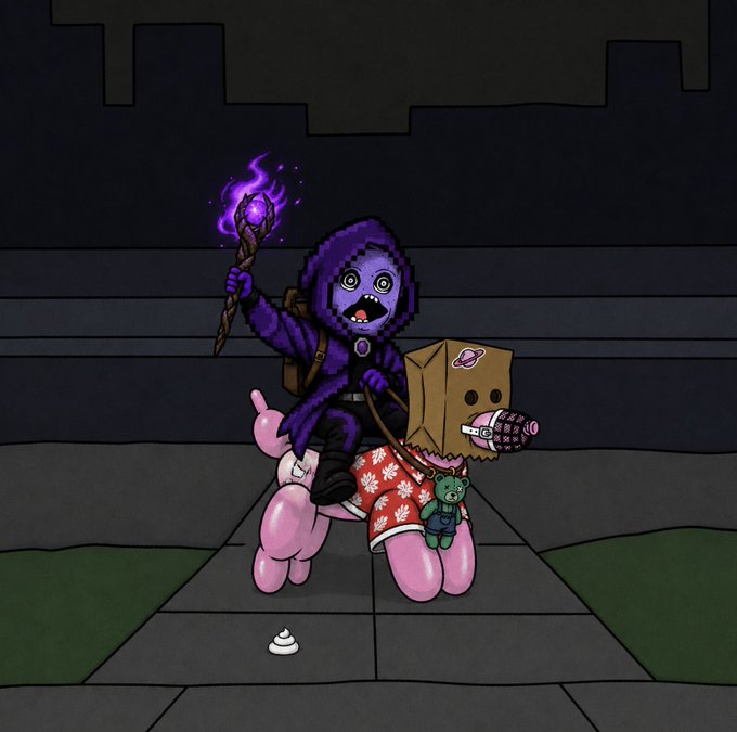 A digital illustration of a hooded figure in purple robes with glowing purple eyes, riding a pink inflatable unicorn and holding a staff with a purple flame, accompanied by a box-headed character.