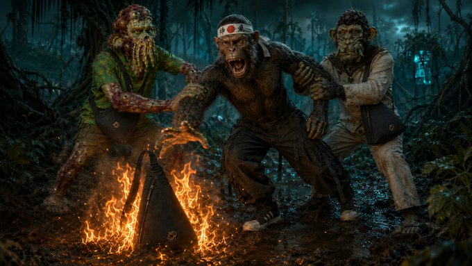 A dark fantasy scene featuring three zombie-like apes in a swampy forest, with a fire and a burning bag in the foreground.