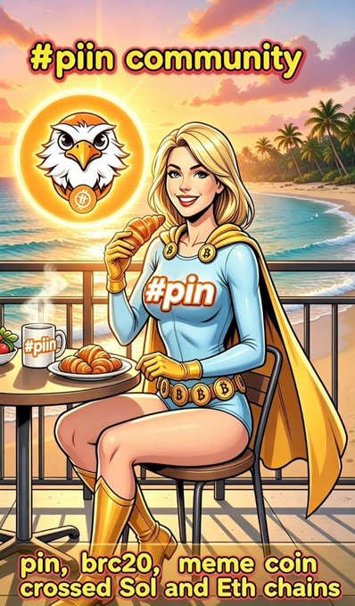 A comic-style illustration of a blonde superhero wearing a '#pin' shirt and 'BBB' accessories, sitting on a balcony with croissants and coffee, promoting '#piin community' as 'pin, brc20, meme coin crossed Sol and Eth chains'.