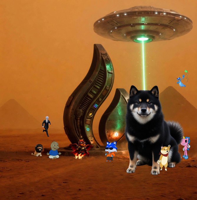 ursa, a black dog with a red collar, stands on a sandy surface, accompanied by a group of small figures and a large green structure against an orange sky backdrop.