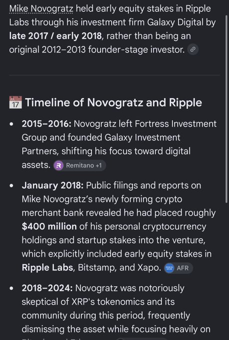 A dark-themed article excerpt discussing Mike Novogratz's investments in Ripple Labs through Galaxy Digital, with a timeline section titled 'Timeline of Novogratz and Ripple'.