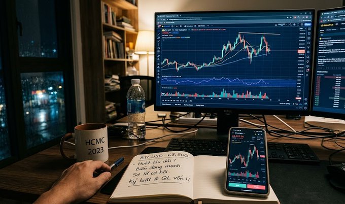 A trader's desk with a Dell monitor and phone showing candlestick charts, a notebook with handwritten notes mentioning 'HCMC 2023', and a mug.