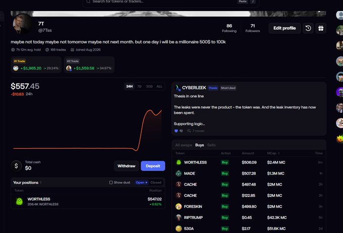 A trading profile page showing user '7t' (@7tas) with a portfolio value of $557.45, featuring a chart labeled 'CYBERLEEK' and recent trades including WORTHLESS, MADE, CACHE, and FORESKIN.