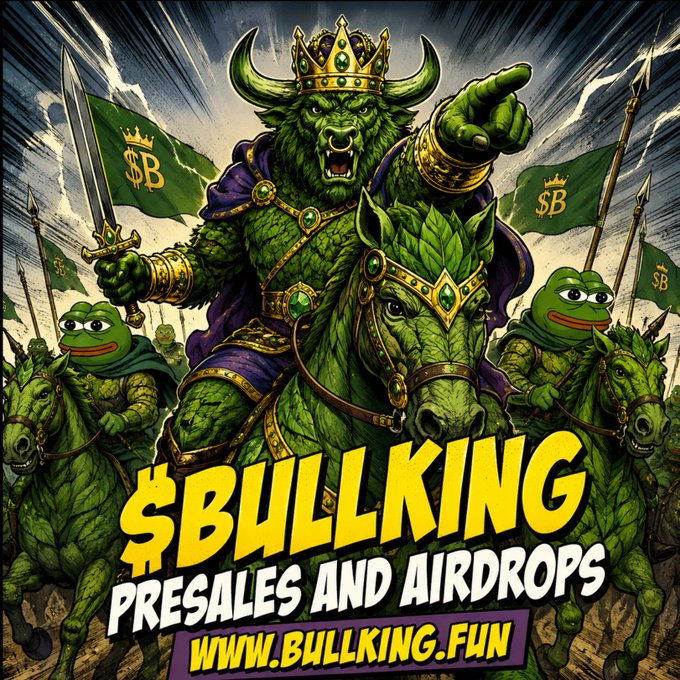 A fierce green bull-headed king on horseback leads an army of Pepes riding armored horses, wielding a sword and pointing forward, with green flags displaying the "$B" logo. The promotional text reads "$BULLKING - PRESALES AND AIRDROPS - WWW.BULLKING.FUN," aligning with the post encouraging users to share their Solana address and retweet to earn 100,000 $BULLKING tokens.
