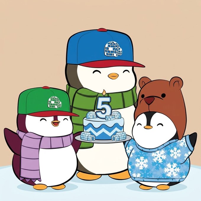 Three cartoon penguins wearing hats and scarves celebrate a birthday with a blue cake featuring the number '5' on top.