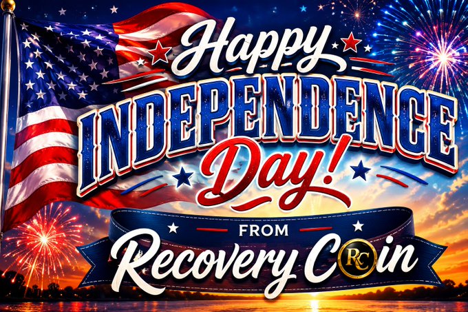 A festive graphic with an American flag and fireworks displays the text 'Happy INDEPENDENCE Day! FROM Recovery Coin'.