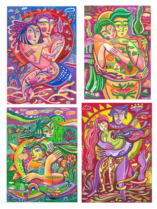 Four vibrant, stylized paintings by Khatoon depict symbolic figures in surreal settings, presented as a 1/1 work on TransientLab as referenced in the accompanying text.
