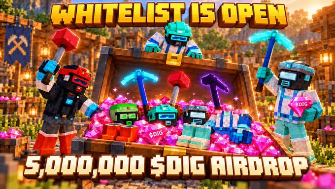 A colorful Minecraft-style promotional graphic for Robinhood Mining MMORPG and DiggerBit shows blocky miners, pickaxes, pink gems, and a treasure chest, highlighting the open whitelist and airdrop. Prominent text reads “WHITELIST IS OPEN” and “5,000,000 $DIG AIRDROP,” with “$DIG” shown on gems and the post pointing users to wl.digger.me.
