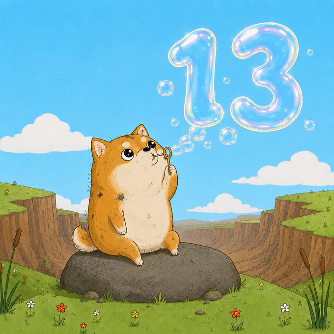 A chubby orange Shiba Inu dog sits on a rock blowing bubbles that form the number "13" in the sky. The whimsical illustration ties into the post celebrating $Dogtasio's rise into the Top 13 on DexScreener.