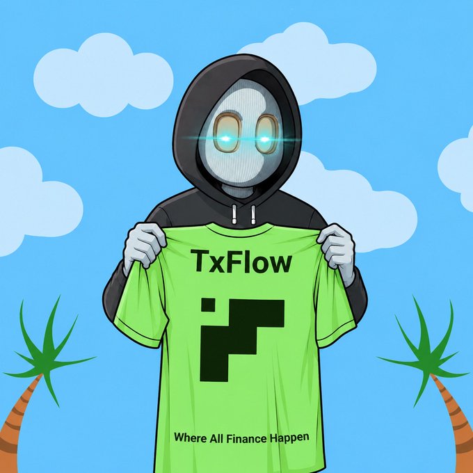 A hooded, glowing-eyed character holds up a green t-shirt reading "TxFlow" with the tagline "Where All Finance Happen," aligning with the post promoting the @TxFlow_L1 decentralized exchange as a trusted, professional platform.