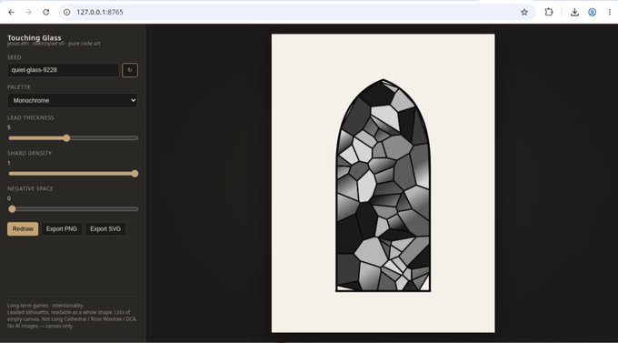 A 'Touching Glass' generator web interface (version 0.1.8765) displaying a stained-glass style abstract artwork in an arched window frame, with controls for seed, palette (Monochrome), lead thickness, shard density, and negative space.