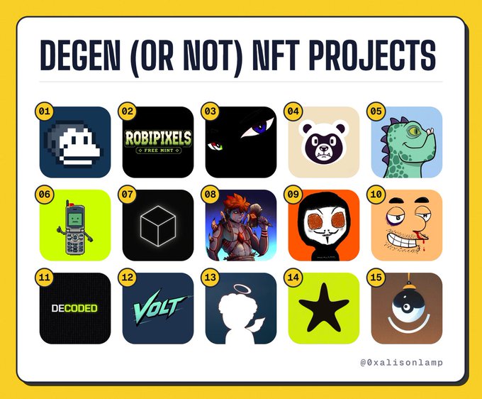 An infographic titled 'DEGEN (OR NOT) NFT PROJECTS' displaying 15 numbered NFT profile pictures from various collections.